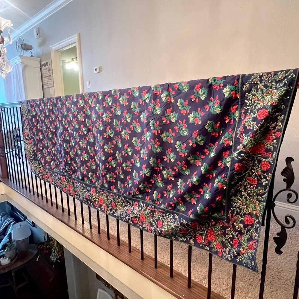 Vintage April Cornel Large Rectangle Tablecloth Navy Blue and Florals 104”x 50”